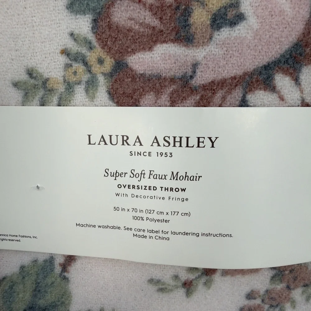 Laura Ashley Throw Blanket 50x70 Cream Floral Super Soft Faux Mohair Cottage